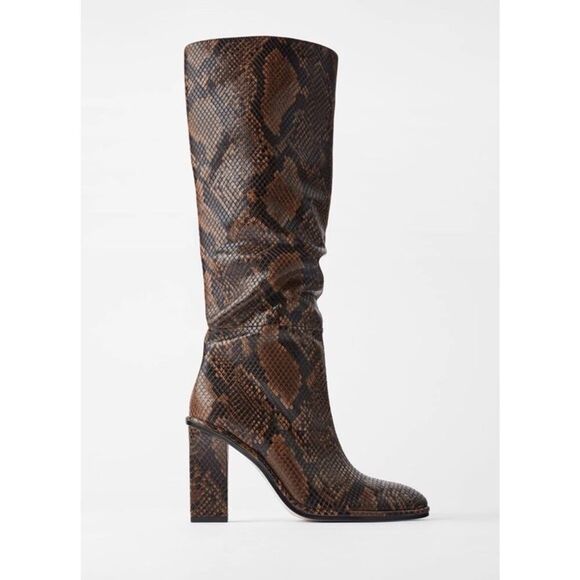 Zara Shoes - ZARA Snakeskin Print Knee High Boots Block Heel Brown Faux Leather Size US 7.5